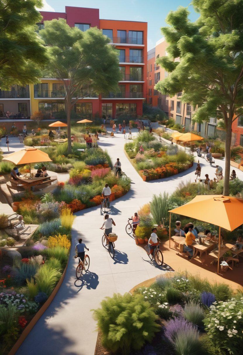 A vibrant community scene showcasing diverse individuals happily engaging in shared spaces such as gardens, picnic areas, and co-working zones, with affordable housing in the background. Incorporate elements of sustainability and inclusivity, such as bicycle use and communal art. Bright, cheerful colors should dominate the scene, radiating positivity and warmth. super-realistic. vibrant colors. 3D.