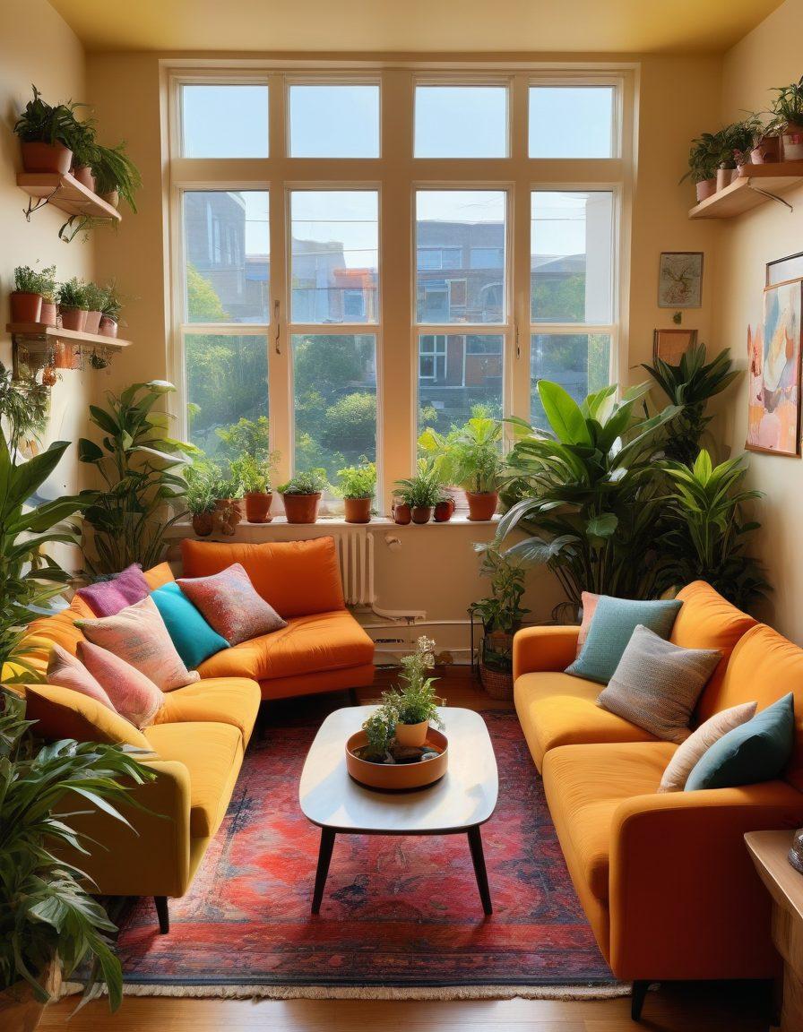A vibrant, colorful living room filled with happy roommates engaging in fun activities like cooking, playing games, and laughing together. The space is adorned with plants, warm lighting, and personal decorations, creating an inviting atmosphere. Each roommate represents a different culture, showcasing diversity and unity. A large window lets in natural light, enhancing the cheerful ambiance. illustration, vibrant colors, warm tones.