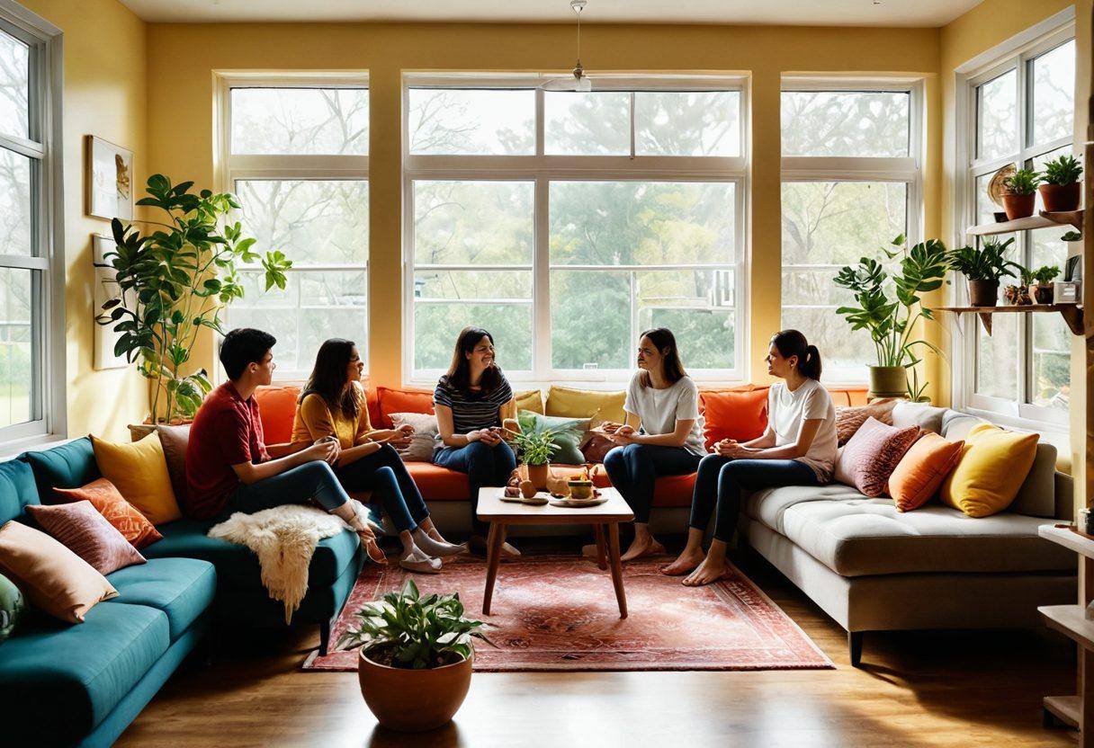 A warm and inviting living space shared by diverse groups of friends, engaging in cheerful activities like cooking, playing games, and chatting. Sunlight filters through large windows, creating a cozy atmosphere filled with laughter and love. Include plants for a touch of nature, and personal mementos that showcase the bond between the housemates. The scene should evoke a sense of camaraderie and well-being. super-realistic. vibrant colors. warm lighting.